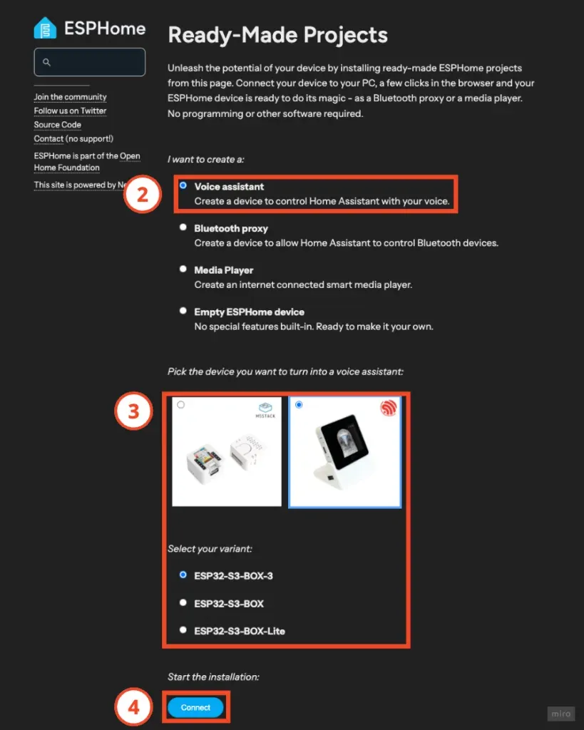 前往 ESPHome 專案網站：https://esphome.io/projects/index.html

選擇「Voice assistant」

選擇「ESP32-S3-BOX-3」

點擊「Connect」