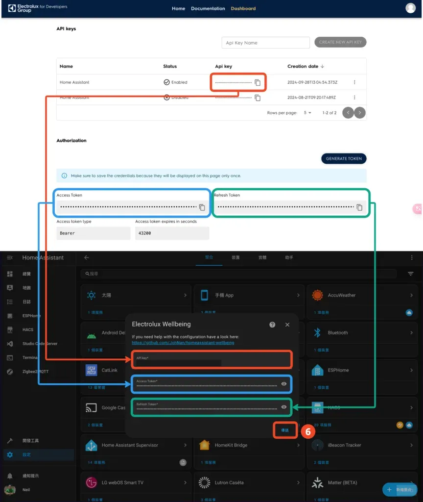 回到 HA 依續填入 API key、Access Token、Refresh Token